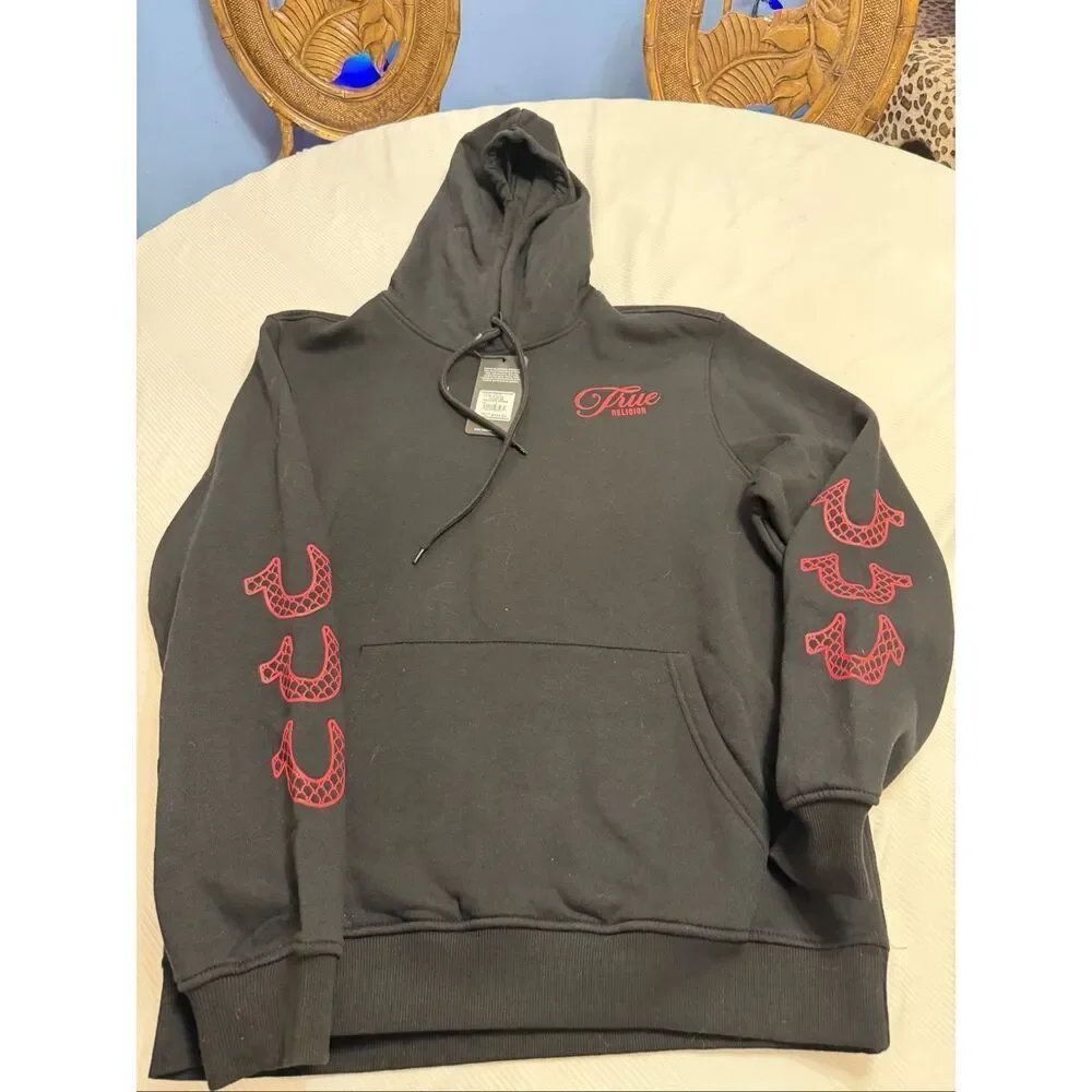 NWT True Religion Men’s Black Red Pullover Hoodie Sweatshirt Size Large New